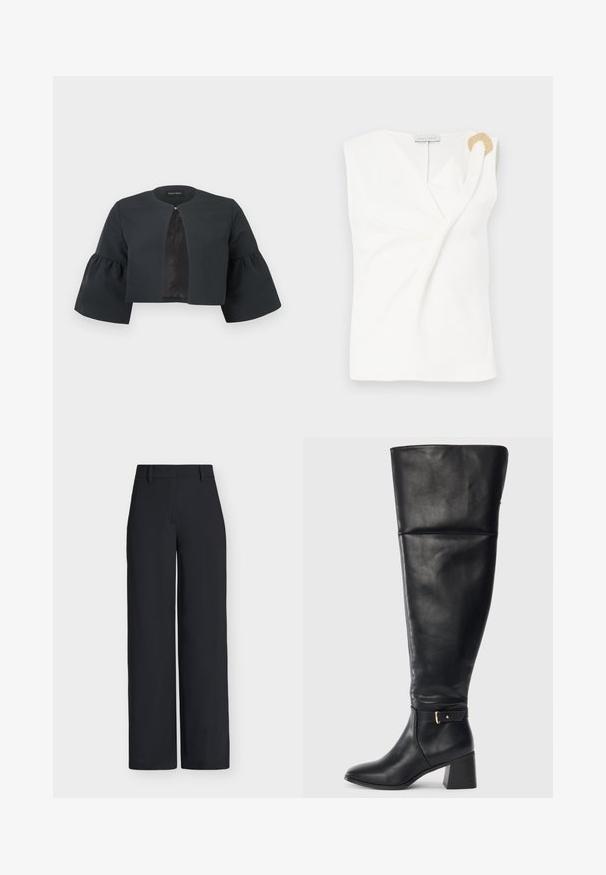 Schwarze, kurz geschnittene Jacke mit rundem Ausschnitt, weiten dreiviertel Glockenärmeln und kleinem Verschluss in der vorderen Mitte.; Ärmellose weiße Bluse mit einem Wickeldesign, die ein dekoratives Ringdetail in goldfarbener Ausführung auf der rechten Schulter aufweist.; Schwarze, hoch taillierte, weit geschnittene Hose mit Gürtelschlaufen und verdecktem vorderem Verschluss.; Schwarzer knöchelhoher Lederstiefel mit Blockabsatz und dekorativem Riemen mit goldener Schnalle oberhalb des Knöchels, Seitenansicht auf weißem Hintergrund.