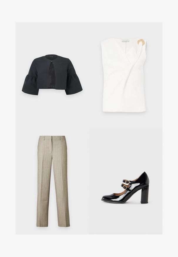 Zwarte cropped jas met ronde halslijn, brede driekwartflared mouwen en een klein sluitinkje aan de voorzijde in het midden.; Mouwloze witte blouse met een wikkelontwerp, voorzien van een decoratieve ring in goudkleur op de rechter schouder.; Beige pantalon met krijtstrepen en een rechte pijp, voorzien van een gestructureerde tailleband en een subtiele textuur in de stof.; Zwarte gepatineerde leren Mary Jane-schoen met twee gespen en een chunky hoge hak, weergegeven in zijaanzicht op een effen achtergrond.