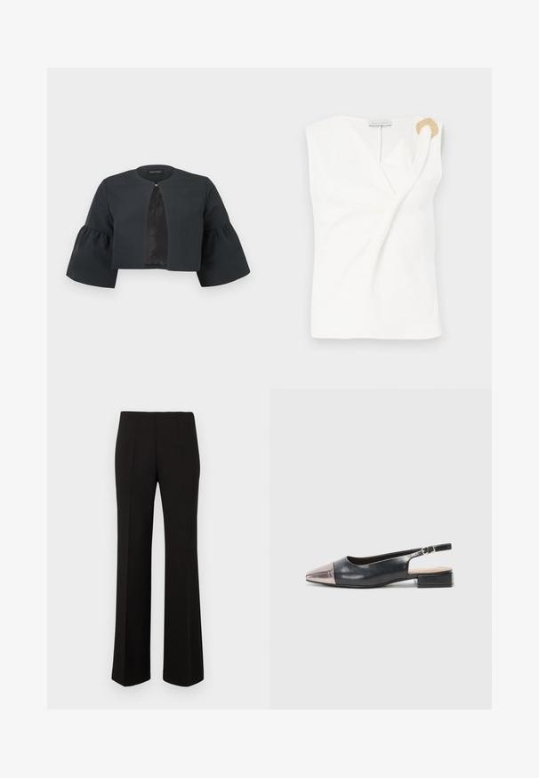 Zwarte cropped jas met ronde halslijn, brede driekwartflared mouwen en een klein sluitinkje aan de voorzijde in het midden.; Mouwloze witte blouse met een wikkelontwerp, voorzien van een decoratieve ring in goudkleur op de rechter schouder.; Zwarte op maat gemaakte rechte broek met een hoge taille en voor plooien, weergegeven tegen een effen achtergrond.; Slingback schoenen met een zwarte leren bovenkant, een metallic rosegouden puntige neus en een lage blokhak. Gladde textuur met een gebogen ontwerp.