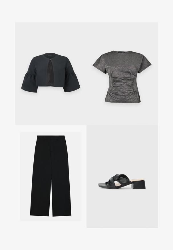 Schwarze, kurz geschnittene Jacke mit rundem Ausschnitt, weiten dreiviertel Glockenärmeln und kleinem Verschluss in der vorderen Mitte.; Kurzärmliges, dunkelgraues Oberteil mit metallic Glitzer, rundem Halsausschnitt und gerafftem Rüschendetail in der Taille.; Schwarzweite Hosen mit weitem Bein aus glattem Stoff. Besitzt einen flachen Bund mit Gürtelschlaufen und ohne sichtbare Taschen. Schlichtes Design.; Schwarze Ledersandale mit einem gedrehten Oberdesign, quadratischer Zehenpartie und einem niedrigen Blockabsatz, ausgestattet mit einer glatten Textur und minimalistischen Stil.