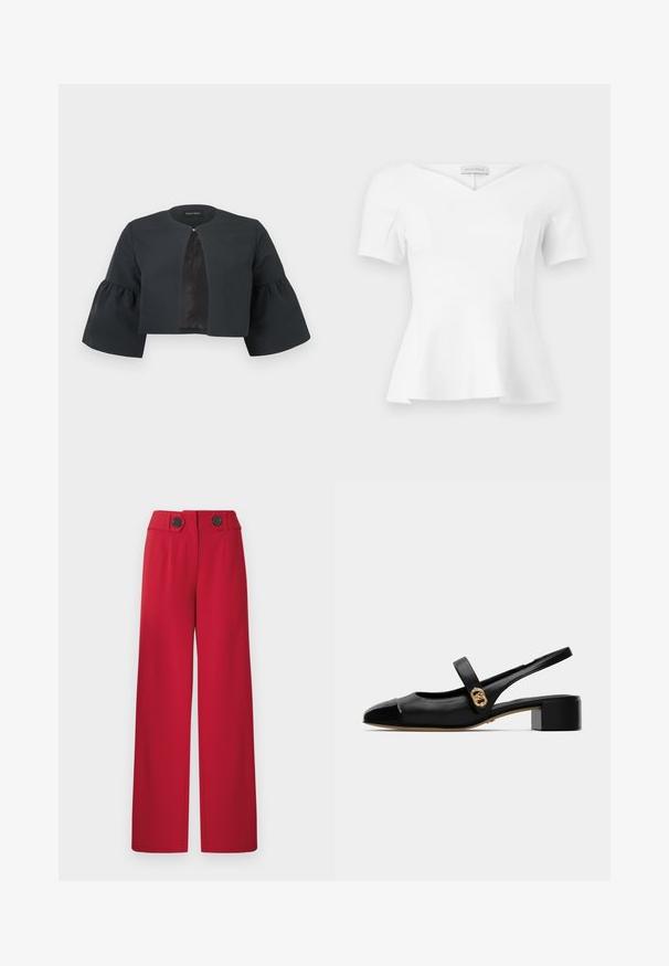 Zwarte cropped jas met ronde halslijn, brede driekwartflared mouwen en een klein sluitinkje aan de voorzijde in het midden.; Witte peplum top met korte mouwen, sweetheart halslijn en aansluitende taille, met label "Anna Field" zichtbaar aan de binnenkant van de kraag.; Rode wijde broek met hoge taille, twee zwarte knopen op de tailleband, voorplooien en rechte zoom.; Zwarte leren slingback schoen met een ronde neus, met een glanzende voorkant en een gouden accent op de band, bevestigd met een kleine blokhak.