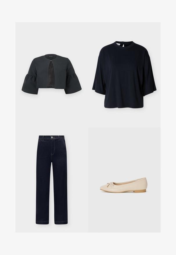 Zwarte cropped jas met ronde halslijn, brede driekwartflared mouwen en een klein sluitinkje aan de voorzijde in het midden.; Zwarte oversized kortärmelige blouse met ronde halslijn en knoopsluiting aan de achterkant, afgebeeld op een witte achtergrond.; Donkerblauwe denim jeans met hoge taille en rechte pijpen, voorzakken, knoopsluiting en riemlussen op een lichte achtergrond.; Beige balletschoenen van glad synthetisch materiaal. Voorzien van een kleine blokhak en een geknoopt detail met gouden accenten op de teen.
