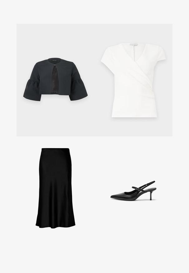 Zwarte cropped jas met ronde halslijn, brede driekwartflared mouwen en een klein sluitinkje aan de voorzijde in het midden.; Witte dames top met korte mouwen, V-hals en wikkeldesign, voorzien van subtiele plooien aan de voorkant.; Zwarte satijnen midi-rok met een gladde textuur, een uitlopende zoom en een nauwsluitende tailleband, met een eenvoudig, klassiek ontwerp.; Zwarte leren slingback hakken met een puntige neus, slanke verstelbare band en een ongeveer 5 cm hoge stiletto hak, met een gladde textuur.