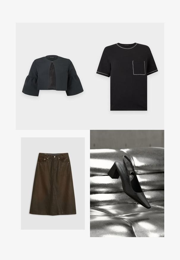 Sort kort jakke med rund halsudskæring, brede trekvart lange klokkeærmer og lille spænde foran midtpå.; Sort T-shirt med korte ærmer og hvid kontrastsyning på kraven, ærmekanterne og en brystlomme på venstre side.; Brun denim A-formet nederdel med høj talje, frontslids, kobbernitter og tonede syninger. Glat tekstur, knælængde design.; Sort slingback-hæl med spids tå, der har en tekstureret overflade og en chunky blokhæl. Lagt mod en skinnende, metallisk baggrund.