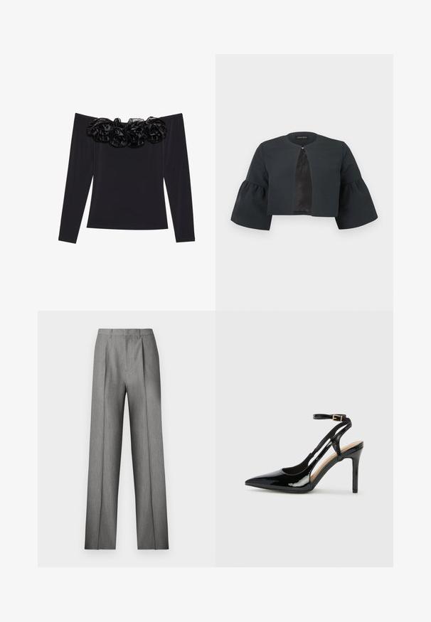 Sort kort jakke med rund halsudskæring, brede trekvart lange klokkeærmer og lille spænde foran midtpå.; Sort off-shoulder top med lange ærmer, der har en tekstureret blomsterkant i sort velour langs halsudskæringen.; Grå skræddersyede bukser med et plisseret frontpanel, lige ben og en subtil tekstur. Har en linning med bæltestropper og ingen synlige lommer.; Sorte laklæder højhælede slingback-sko med spids tå, justerbar ankelrem og åben sider. Glat tekstur.