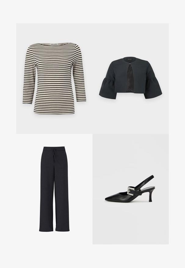 Sort kort jakke med rund halsudskæring, brede trekvart lange klokkeærmer og lille spænde foran midtpå.; Sort og creme stribet langærmet top med bådudskæring. Stoffet har en glat tekstur og ensartet mønster. Casual design med en afslappet pasform.; Mørkegrå bukser med vide ben i tekstureret stof, med elastisk linning og justerbar snøre for en behagelig pasform.; Sort lædersko med slingback, spids tå, lille hæl og spænde med rhinsten. Glat tekstur, minimalistisk design.