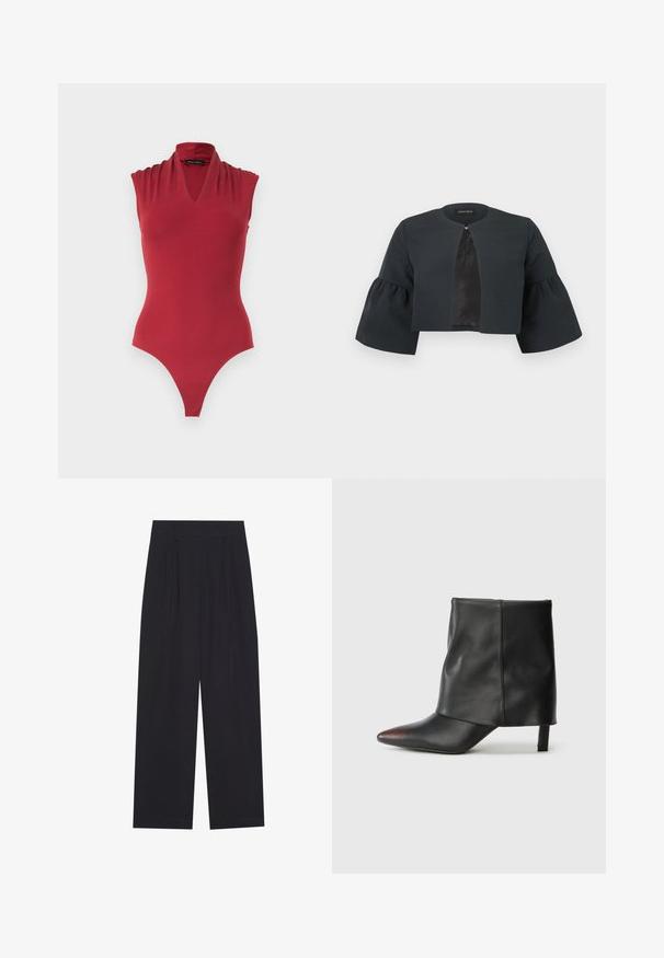 Veste noire courte avec encolure ronde, larges manches cloche trois-quarts et petite fermeture à clip au centre avant.; Body rouge sans manches avec un décolleté en V et des détails froncés aux épaules, conçu pour une silhouette ajustée.; Pantalons larges noirs en tissu lisse, avec des plis, une taille plate et sans poches ni decorations visibles.; Bottine noire en cuir lisse avec un bout pointu et un talon effilé. La tige présente un design légèrement froncé.