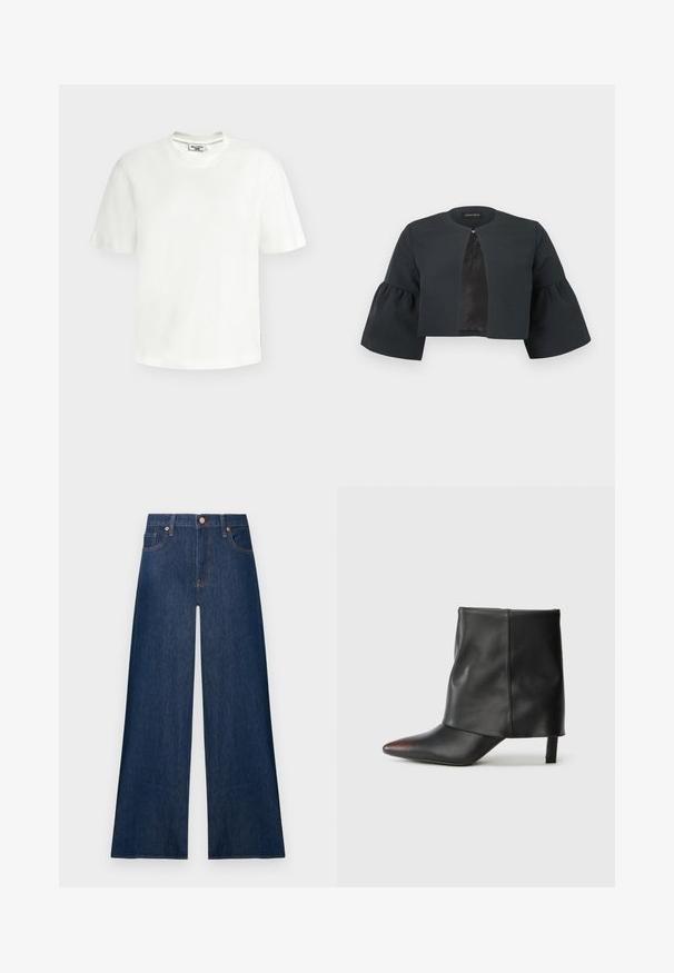Veste noire courte avec encolure ronde, larges manches cloche trois-quarts et petite fermeture à clip au centre avant.; T-shirt blanc en coton à manches courtes, col rond, avec une petite étiquette de marque au niveau de l'encolure et de la couture latérale.; Jean denim bleu foncé à jambes larges avec boutons avant et poches, présenté sur un fond clair uni.; Bottine noire en cuir lisse avec un bout pointu et un talon effilé. La tige présente un design légèrement froncé.