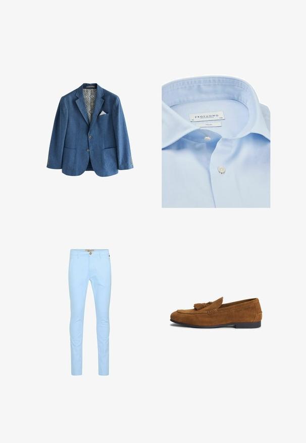 Blauwe blazer van textuurstof, met een patroon aan de binnenvoering en een zakdoek. Beschikt over twee voorkruisen en knopenaccenten.; Lichtblauw katoenen overhemd met een open kraag, enkele knoopsluiting en een label met de tekst "PROFUOMO" in een duidelijk lettertype. Soepele textuur.; Lichtblauwe katoenen chino's met een slim fit, voorzien van een sluiting met knopen aan de voorkant, riemlussen en een gladde textuur. Geen zichtbare patronen of accenten.; Bruine suède herenslipper met kwastdetail en lage zwarte zool, aan de zijkant aangebracht met merknaam.