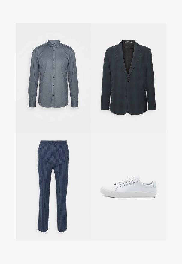 DRYKORN KEBY - Blazere - dark blue/green; Langærmet skjorte i mørkegrå stof, med krave, frontknapper og manchetter. Glat tekstur med en tætsiddende pasform.; Tiger of Sweden ISCOVE - Bukser - light ink; Hvide lædersneakers med en glat overflade, lavt design, rund tå og flad gummisål. Udstyret med flade snørebånd og minimal branding.