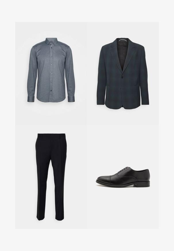 DRYKORN KEBY - Blazere - dark blue/green; Langærmet skjorte i mørkegrå stof, med krave, frontknapper og manchetter. Glat tekstur med en tætsiddende pasform.; Sorte bukser lavet af vævet stof, med en skræddersyet pasform, flad front, sidelommer og lige ben-design.; Sort lædersko med rund tå, glat overflade og subtil syning. Har blå snørebånd og en lav stakheel.