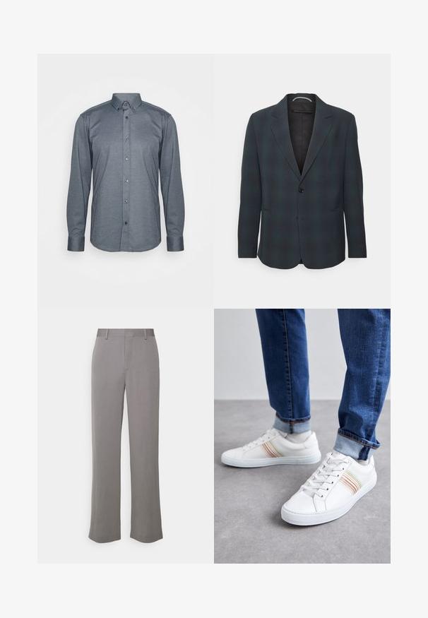 DRYKORN KEBY - Blazere - dark blue/green; Langærmet skjorte i mørkegrå stof, med krave, frontknapper og manchetter. Glat tekstur med en tætsiddende pasform.; Tiger of Sweden TREY - Bukser - grey shadow; Hvide lædersneakers med multicolore striber, snørebåndsdesign, gummisål og polstret krave, parret med blå denimjeans.