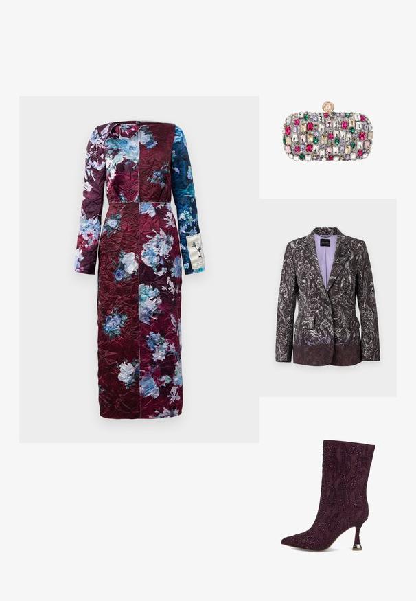 Getailleerde damesblazer met zwart-wit ingewikkeld paisleypatroon, enkelvoudige knoopsluiting en lavendelkleurige voering.; Langarmige jurk met bloemenpatroon in bordeauxrood en blauw. Getextureerd materiaal, rechte snit en subtiele glans. Beschikt over een accent met een zijlabel.; Paarse suède enkellaars met een golfpatroon, versierd met rhinestones, puntige neus en een hak van 7,5 cm met metalen accent.; Rechthoekige clutch bedekt met meerkleurige rechthoekige en ronde edelstenen met een ronde parelsluiting bovenop.