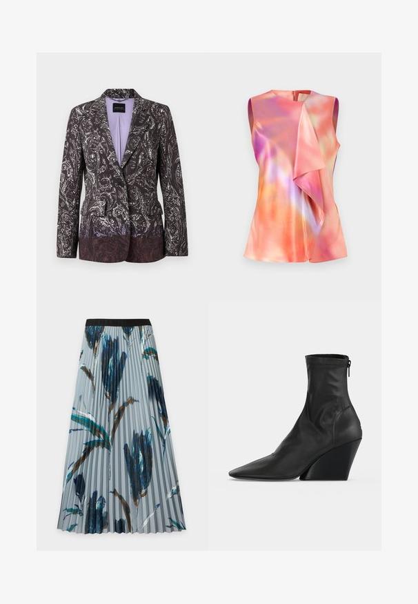 Blazer cintré pour femme avec motif paisley noir et blanc complexe, fermeture à un bouton et doublure intérieure lavande.; Débardeur en satin, orné d'un motif abstrait coloré dans des tons de rose, d'orange et de violet, avec un design drapé à l'avant.; Jupe midi plissée avec ceinture élastique noire et grands motifs floraux abstraits bleu, sarcelle et marron sur tissu gris clair.; Bottine en cuir noir à bout pointu, talon bloc haut incliné et fermeture éclair arrière sur fond clair uni.