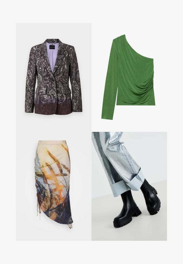 Blazer cintré pour femme avec motif paisley noir et blanc complexe, fermeture à un bouton et doublure intérieure lavande.; Haut vert à une épaule en tissu lisse, avec des détails drapés et une silhouette ajustée. Manches longues d'un côté.; Materiel DIAGONAL GATHERED SKIRT - Jupe crayon - golden hour; Bottines noires épaisses à la cheville avec des semelles texturées, portées avec un pantalon argent métallique doté d'un revers en denim clair. Design minimaliste, matériaux élégants.