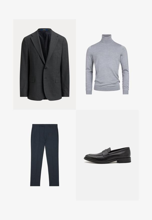 Enkeltknappet mørkegrå blazer med slag, klaplomme og sort foer, vist på ensfarvet baggrund.; Grå turtleneck sweater lavet af et blødt strikket stof. Har lange ærmer og en tætsiddende design med ribbede manchetter og kant. Enkel, glat tekstur.; Mørkegrå skræddersyede bukser med bæltestropper og sidelommer, lagt fladt mod en hvid baggrund.; Sort læderloafer med en glat finish, en dekorativ rem over vristen, rund tå og en lav stablet hæl.