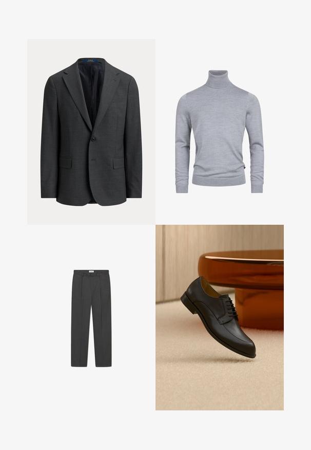 Blazer gris oscuro de un botón con solapas de muesca, bolsillos con tapeta y forro interior negro, mostrado sobre un fondo liso.; Suéter gris de cuello tortuga hecho de un suave tejido de punto. Cuenta con mangas largas y un diseño ajustado con puños y dobladillo acanalados. Textura simple y suave.; Pantalones grises a medida con un sutil patrón de cuadro, tejido texturizado y pliegues delanteros, presentando una cinturilla con pasadores para cinturón.; Zapato de vestir negro de cuero con cordones flotando sobre una alfombra beige, con una mesa redonda naranja al fondo.