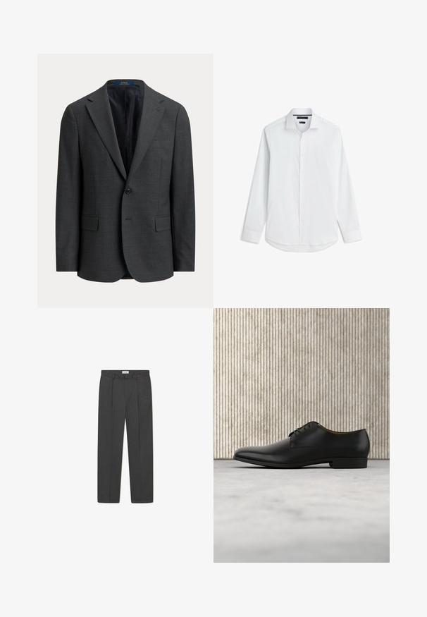 Blazer gris oscuro de un botón con solapas de muesca, bolsillos con tapeta y forro interior negro, mostrado sobre un fondo liso.; Camisa blanca de vestir de manga larga con botones, cuello clásico y puños con botones, mostrada extendida sobre un fondo blanco.; Pantalones grises a medida con un sutil patrón de cuadro, tejido texturizado y pliegues delanteros, presentando una cinturilla con pasadores para cinturón.; Zapato de vestir de cuero negro con un acabado suave, puntera redondeada, tacón bajo y diseño de cordones. Presenta acentos minimalistas para una apariencia elegante.
