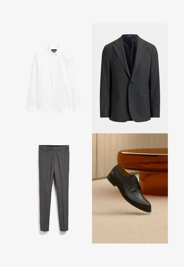 Donkergrijs colbert met een knoop, notched revers, klepzakken en een zwarte binnenvoering, weergegeven op een effen achtergrond.; Witte overhemd met een button-down kraag, lange mouwen en een knoopsluiting aan de voorkant. De stof lijkt soepel met een lichte glans.; Grijze op maat gemaakte broek met een gestructureerde stof, zijzak en een rechte pijpdesign. Voorzien van een knoopsluiting in de taille.; Zwarte leren veterschoen zwevend boven een beige tapijt, met een ronde oranje tafel op de achtergrond.