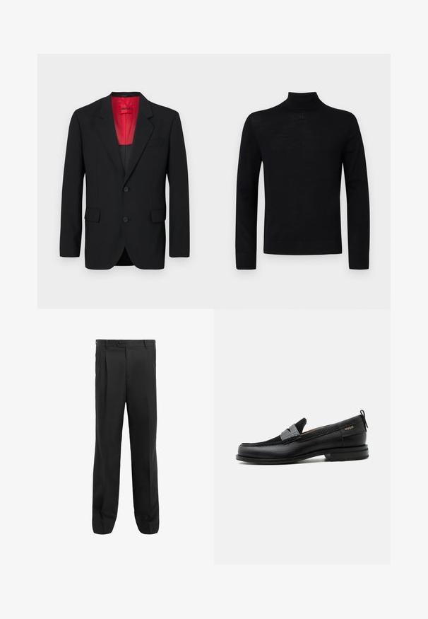 Sort blazer lavet af glat stof, der har en rød foring, to frontlommer og to knapper. Klippede slag tilføjer struktureret detalje.; Sort højhalset sweater lavet af blødt stof, med lange ærmer og en tætsiddende silhuet med en lille rund accentdetalje ved halsen.; Sorte bukser med lige ben, der har plisseringer, en enkelt knaplukning og bæltests. Fremstillet af glat stof.; Sort læderloafer med grå remdetalje, lav hæl og tekstureret sål, mærket med "HUGO" i guld på siden.