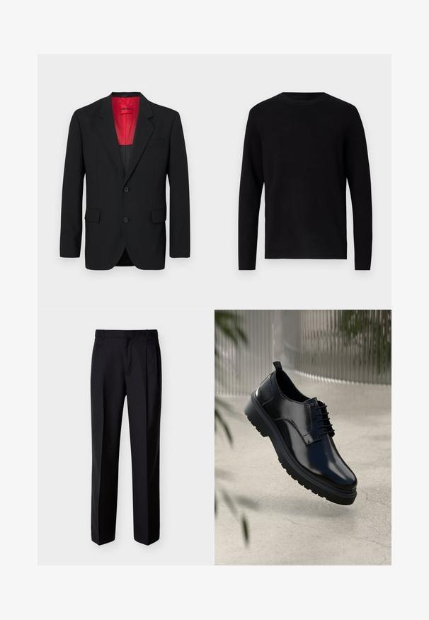 Blazer negro fabricado en tela suave, con un forro rojo, dos bolsillos frontales y dos botones. Las solapas con muesca aportan un detalle estructurado.; Suéter negro de punto con cuello redondo y mangas largas. Textura suave y color sólido, sin patrones ni acentos visibles.; Pantalones negros hechos a medida con corte recto, pinzas delanteras y bolsillos laterales. Elaborados con una tela suave y ligera con un patrón sólido.; Zapato de cuero negro con un acabado brillante, puntera redonda, diseño de cordones, costuras de contraste y una suela de goma gruesa con patrones de tracción.