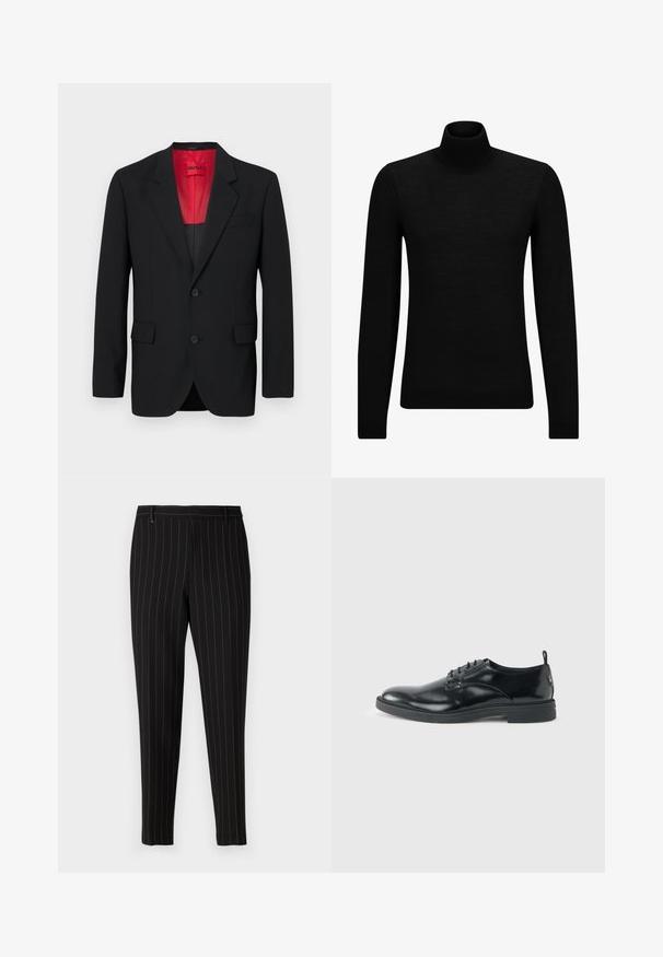 Blazer negro fabricado en tela suave, con un forro rojo, dos bolsillos frontales y dos botones. Las solapas con muesca aportan un detalle estructurado.; Jersey de cuello alto negro hecho de un material suave, con mangas largas y un ajuste ceñido. Ribete acanalado en el dobladillo y los puños. Diseño simple.; Pantalones negros con finas rayas verticales, ajuste entallado, bolsillos frontales y trabillas para cinturón. Hechos de una tela suave y texturizada.; Zapato de vestir negro de cuero brillante con tacón bajo, cierre de cordones y puntera redonda, mostrado de lado sobre un fondo claro y liso.