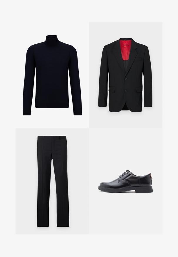 Čierny blazer vyrobený z hladkej tkaniny, s červenou podšívkou, dvoma prednými vreckami a dvoma gombíkmi. Klopové reverzy pridávajú štruktúrovaný detail.; Tmavomodrý rolák vyrobený z jemne pletenej látky, s dlhými rukávmi a priliehavým, vysokým výstrihom. Bez viditeľných vzorov alebo akcentov.; Čierne nohavice s nasadením, ktoré majú rovný strih, ostré záhyby a hladký povrch. Vyrobené z ľahkého materiálu s čistým pásom.; Čierne kožené šnurovacie topánky s hladkou textúrou, zaoblenou špičkou a jemnými švami. Na päte je červené sťahovacie očko.