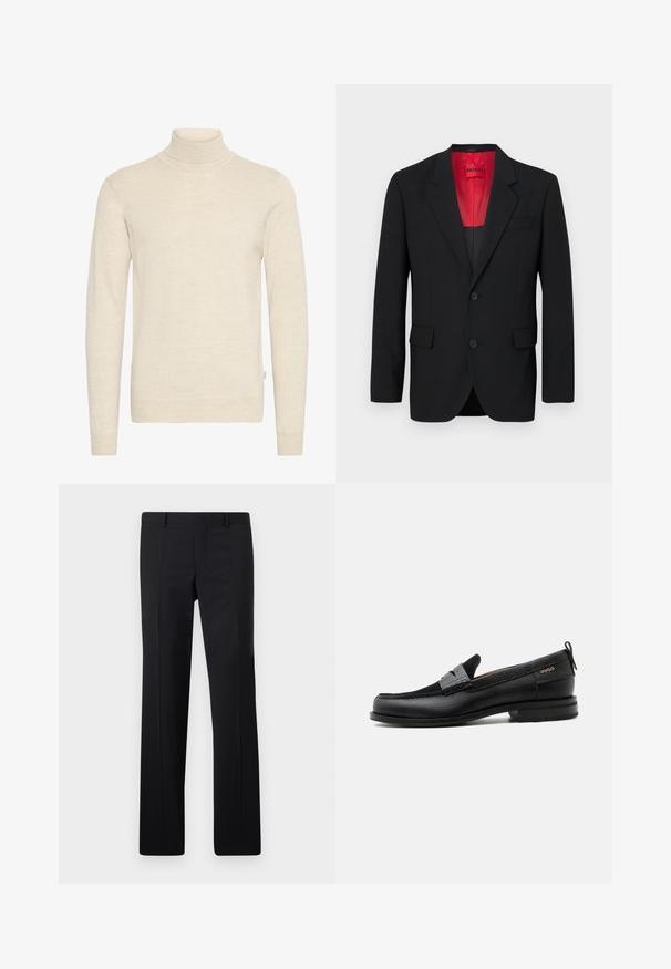 Čierny blazer vyrobený z hladkej tkaniny, s červenou podšívkou, dvoma prednými vreckami a dvoma gombíkmi. Klopové reverzy pridávajú štruktúrovaný detail.; Bežový rolák vyrobený z mäkkej pleteniny. Má dlhé rukávy a priliehavý strih, s rebrovaným výstrihom a manžetami.; Čierne nohavice s nasadením, ktoré majú rovný strih, ostré záhyby a hladký povrch. Vyrobené z ľahkého materiálu s čistým pásom.; Čierny kožený mokasín so sivým remienkom, nízkym podpätkom a textúrovanou podrážkou, so značkou "HUGO" v zlatej farbe na boku.