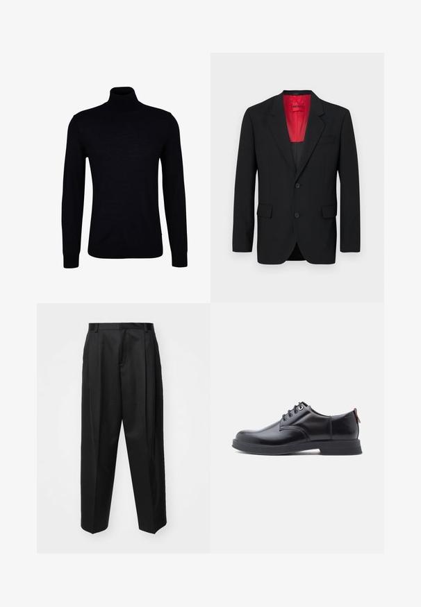 Čierny blazer vyrobený z hladkej tkaniny, s červenou podšívkou, dvoma prednými vreckami a dvoma gombíkmi. Klopové reverzy pridávajú štruktúrovaný detail.; Čierny rolák z hladkého pleteného materiálu. Má dlhé rukávy, priliehavý golier a rebrované manžety a spodný lem pre tesný strih.; Čierne stiahnuté nohavice s vysokým pásom, širokými nohavicami a ostrými záhybmi. Vyrobené z hladkej látky s pútkami na opasok a bez viditeľných kovových prvkov.; Čierne kožené šnurovacie topánky s hladkou textúrou, zaoblenou špičkou a jemnými švami. Na päte je červené sťahovacie očko.