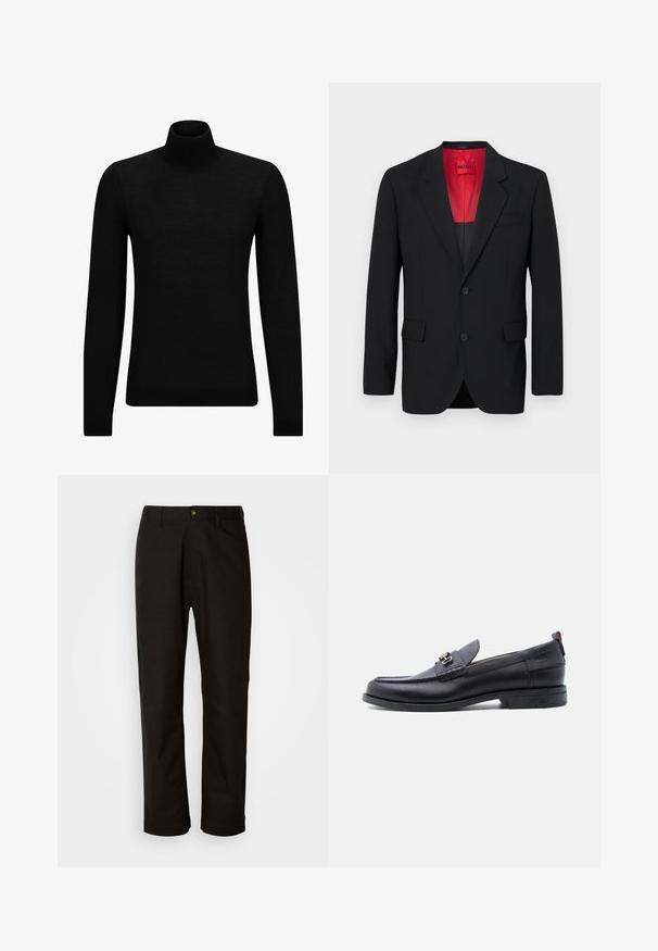 Zwarte blazer van soepel materiaal, met een rode voering, twee voorzakken en twee knopen. De gelapte revers voegen gestructureerd detail toe.; Zwarte coltrui van zacht materiaal, met lange mouwen en een snug fit. Geribbelde afwerking aan de onderkant en mouwen. Eenvoudig ontwerp.; Zwarte katoenen broek met een rechte snit, riemlussen, een ritssluiting aan de voorkant en een enkele knoopsluiting. Soepele textuur zonder zichtbare patronen.; Zwarte leren loafer met grijze, gestructureerde vamp, zilveren metalen gesp, lage hak en trekkoord aan de achterkant.