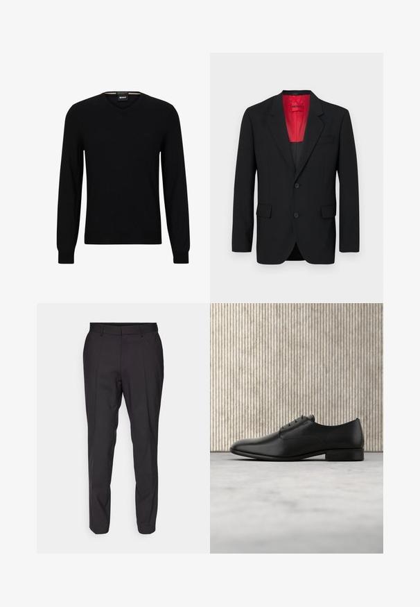 Schwarzer Blazer aus glattem Stoff, mit roter Fütterung, zwei Fronttaschen und zwei Knöpfen. Eingeschnittene Revers verleihen eine strukturierte Detail. ; Schwarzer Strickpullover mit langen Ärmeln und V-Ausschnitt. Verfügt über ein dezentes Logo auf der Vorderseite sowie gerippte Bündchen und Saum. Angenehme, glatte Textur.; Schwarze maßgeschneiderte Hose mit geradem Schnitt, flacher Vorderseite, Gürtelschlaufen und glatter Textur. Keine sichtbaren Muster oder Akzente.; Schwarze Leder-Halbschuh mit schlankem Design, runder Zehenform, fünf Ösen für die Schnürsenkel und einem kleinen, erhöhten Absatz. Dezentes, geprägtes Logodetail.