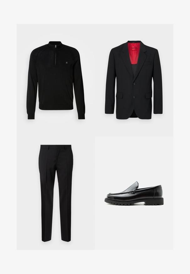 Čierny blazer vyrobený z hladkej tkaniny, s červenou podšívkou, dvoma prednými vreckami a dvoma gombíkmi. Klopové reverzy pridávajú štruktúrovaný detail.; Čierny pletený sveter s polovičným zipsom na golieri, rebrovanými manžetami, textúrovanými detailmi na pleciach a malým logom na hrudi.; Čierne upravené nohavice vyrobené z hladkej tkaniny, s rovnými nohavicami, rafinovanými záhybmi a klasickým pásom s pútkami na opasok.; Čierny kožený mokasín s hrubou gumovou podrážkou, prešitý zvršok a vyrazeným názvom značky na päte, zobrazený z bočného profilu na bielom pozadí.