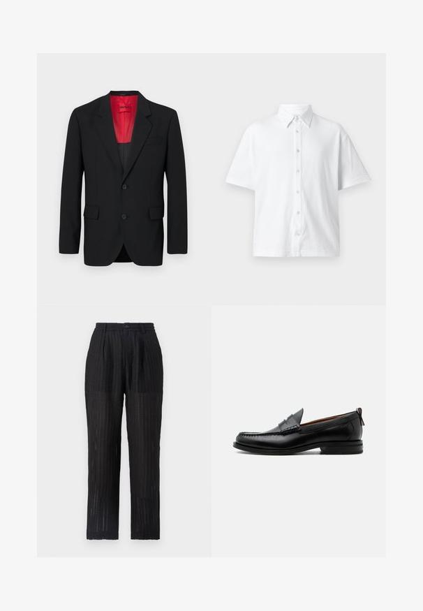 Sort blazer lavet af glat stof, der har en rød foring, to frontlommer og to knapper. Klippede slag tilføjer struktureret detalje.; Hvid kortærmet skjorte med knapper lavet af tekstureret stof, med en klassisk krave og et linjemønster. Seks knapper langs forsiden.; Sorte, plisserede bukser med et tekstureret, mønstret stof. Har en elastisk talje og knaplukning, lige ben-design.; Sort læder herre loafer med moc-tå syning, penny strop, struktureret krave og lav stablet hæl på hvid baggrund.