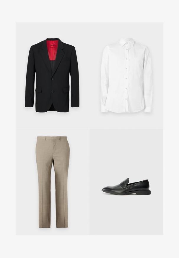 Blazer noir en tissu lisse, avec une doublure rouge, deux poches avant et deux boutons. Les revers crantés ajoutent un détail structuré.; Chemise blanche à manches longues avec boutons, fabriquée en coton. Comprend un col pointu et un petit logo brodé sur la poitrine. Texture lisse.; Pantalons beige sur mesure avec une texture lisse, design à jambe droite, motif à carreaux subtil et devant plat. Deux poches arrière incluses.; Mocassins en cuir noir avec une texture lisse, un nez pointu et un petit talon rectangulaire. Présente un détail de bande horizontale sur le dessus.