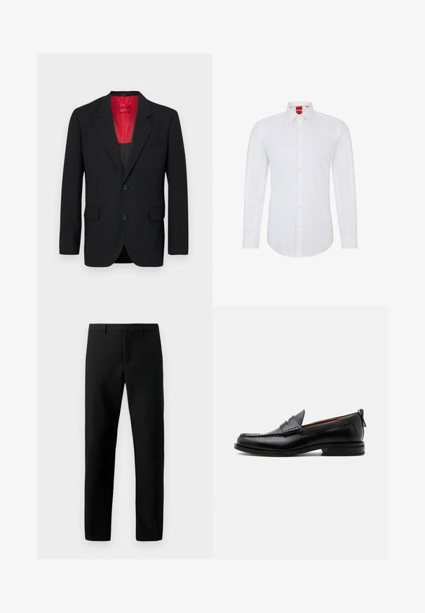 Blazer negro fabricado en tela suave, con un forro rojo, dos bolsillos frontales y dos botones. Las solapas con muesca aportan un detalle estructurado.; Camisa blanca de manga larga con cuello, que presenta un cierre frontal de botones y un tejido suave y liso. Sin patrones ni acentos visibles.; Pantalones negros de tela suave, con cierre de botón, diseño de pierna recta y sin patrones visibles, con líneas limpias.; Mocasín de hombre de piel negra con costura moc toe, tira penny, cuello texturizado y tacón bajo apilado sobre fondo blanco.