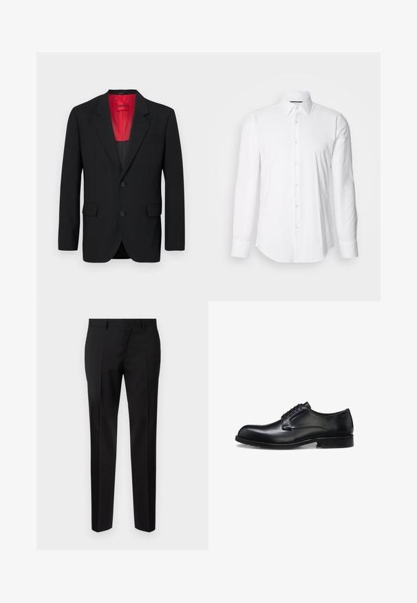 Sort blazer lavet af glat stof, der har en rød foring, to frontlommer og to knapper. Klippede slag tilføjer struktureret detalje.; Hvid langærmet skjorte lavet af glat stof, med klassisk krave og knap-front design samt en buet kant. Knapperne er diskret blanke.; Sorte skræddersyede bukser lavet af glat stof, med lige ben, raffinerede folder og en klassisk talje med bæltestropper.; Sort poleret læder herresko med lukket snøresystem, lav hæl og diskret mærkedetalje nær hælen på hvid baggrund.