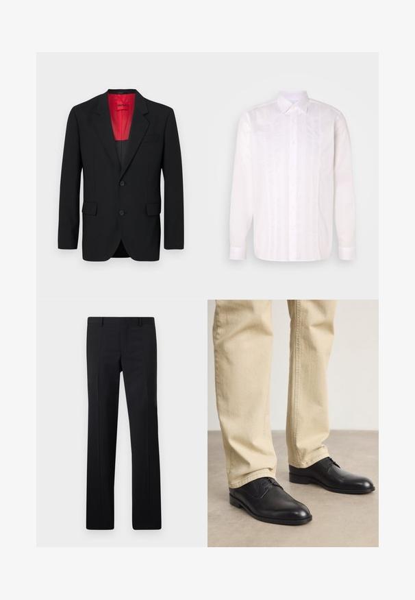 Schwarzer Blazer aus glattem Stoff, mit roter Fütterung, zwei Fronttaschen und zwei Knöpfen. Eingeschnittene Revers verleihen eine strukturierte Detail. ; Weißes Langarmhemd mit klassischem Kragen, das vertikale Paspeldetails und eine Knopfleiste auf der Vorderseite aufweist.; Schwarze maßgeschneiderte Hose mit geradem Schnitt, scharfen Falten und glatter Oberfläche. Hergestellt aus leichtem Stoff mit einem sauberen Bund.; Schwarze Leder Schnürschuhe mit runder Zehenform, glatter Oberfläche und dezenten Nähdetails, getragen mit hellbeigen Hosen.