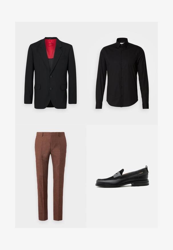 Blazer negro fabricado en tela suave, con un forro rojo, dos bolsillos frontales y dos botones. Las solapas con muesca aportan un detalle estructurado.; Camisa negra de manga larga hecha de tela suave. Presenta un cuello clásico, una botonera y un dobladillo recto. Sin patrones ni acentos presentes.; Pantalones de lino marrones con un acabado texturado, presentan un diseño de corte slim, pliegues frontales cosidos y dos bolsillos laterales.; Mocasín de cuero negro con detalle de tira gris, tacón bajo y suela texturizada, con la marca "HUGO" en oro en el lateral.