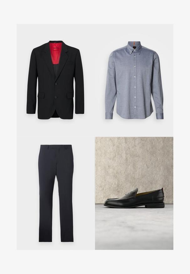 Sort blazer lavet af glat stof, der har en rød foring, to frontlommer og to knapper. Klippede slag tilføjer struktureret detalje.; Blå ternet skjorte med knapper, krave, lange ærmer og hvide knapper. Har en vævet tekstur og orange accenter ved kraven.; Marine formelle bukser lavet af glat stof. Har en flad front, bæltesløjfer og sidelommer, med en skræddersyet lige pasform.; Sort læder herreloafer med krokodillepræget forstykke og lav hæl, vist i profil på en neutral baggrund.