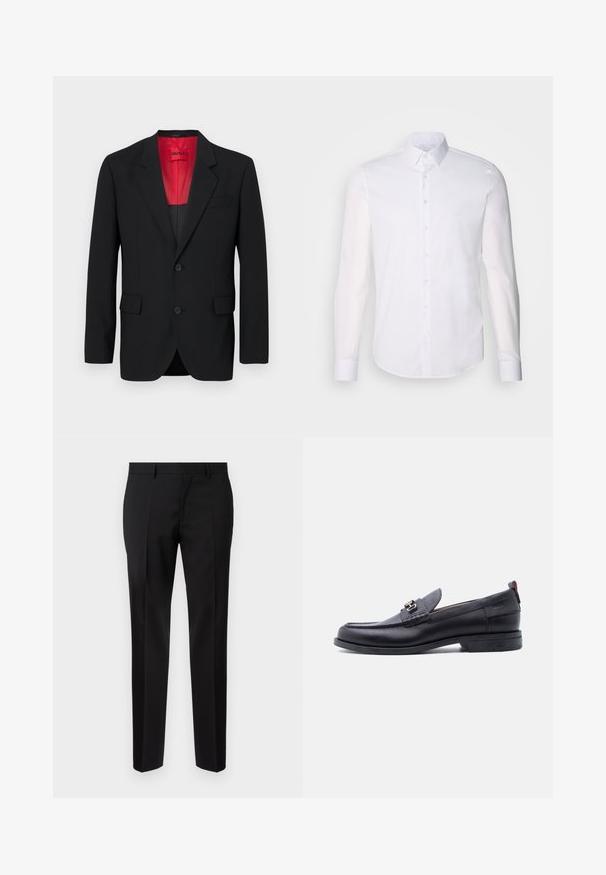 Sort blazer lavet af glat stof, der har en rød foring, to frontlommer og to knapper. Klippede slag tilføjer struktureret detalje.; Hvid langærmet button-up skjorte lavet af bomuld, med en klassisk krave, frontknapper og minimal syning detalje.; Sorte skræddersyede bukser lavet af glat stof, med lige ben, raffinerede folder og en klassisk talje med bæltestropper.; Sort lædermokasin med grå tekstureret forfod, sølvfarvet metalspænde, lav hæl og trækflap bagpå.