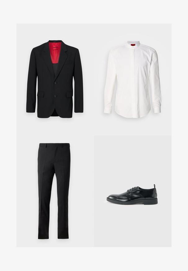 Čierny blazer vyrobený z hladkej tkaniny, s červenou podšívkou, dvoma prednými vreckami a dvoma gombíkmi. Klopové reverzy pridávajú štruktúrovaný detail.; Biela košeľa s dlhým rukávom a vysokým golierom, vyrobená z bavlny. Má prednú légu, minimalistický dizajn a nenápadné logo na vnútornom golieri.; Čierne nohavice s upraveným strihom, s plochým predným dielom, dvoma záhybmi, pútkami na opasok a hladkou štruktúrou. Bez viditeľných vzorov alebo kovových súčiastok.; Lesklá čierna kožená spoločenská topánka s nízkym opätkom, šnurovaním a okrúhlou špičkou, zobrazená z boku na svetlom jednofarebnom pozadí.