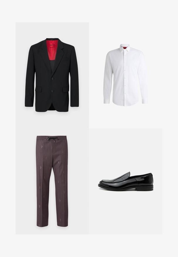 Schwarzer Blazer aus glattem Stoff, mit roter Fütterung, zwei Fronttaschen und zwei Knöpfen. Eingeschnittene Revers verleihen eine strukturierte Detail. ; Weißes Herrenhemd aus glattem Stoff mit klassischem Kragen, langen Ärmeln und abgerundetem Saum. Mit eleganten beigen Knöpfen an der Vorderseite.; Hose mit elastischem Bund in Dunkelpurpur mit vertikalen Streifen und dezenten Druckdetails. Leichtes Material mit entspannter Passform.; Schwarzer glänzender Lederslipper mit niedrigem Absatz und abgerundeter Spitze, seitlich auf weißem Hintergrund betrachtet.