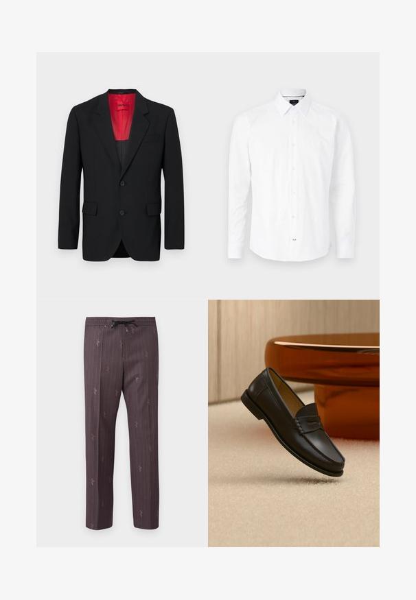Čierny blazer vyrobený z hladkej tkaniny, s červenou podšívkou, dvoma prednými vreckami a dvoma gombíkmi. Klopové reverzy pridávajú štruktúrovaný detail.; Biely dlhý rukáv košele vyrobený z bavlny. Obsahuje golier s gombíkom, predné zapínanie na gombíky s ružovými gombíkmi a zakrivený lem.; Nohavice s elastickým pásom v tmavofialej farbe s vertikálnymi pruhmi a jemnými potlačenými akcentmi. Ľahký materiál s voľným strihom.; Čierny kožený mokasín zavesený nad béžovým kobercom s moderným nábytkom farby jantáru v pozadí.