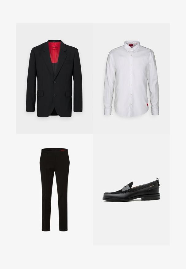 Čierny blazer vyrobený z hladkej tkaniny, s červenou podšívkou, dvoma prednými vreckami a dvoma gombíkmi. Klopové reverzy pridávajú štruktúrovaný detail.; Biela košeľa s dlhým rukávom a golierom na gombíky, vyrobená z ľahkej látky. Má jemnú nášivku značky v červenej farbe na dolnej strane.; HUGO Oblekové nohavice - schwarz; Čierny kožený mokasín so sivým remienkom, nízkym podpätkom a textúrovanou podrážkou, so značkou "HUGO" v zlatej farbe na boku.