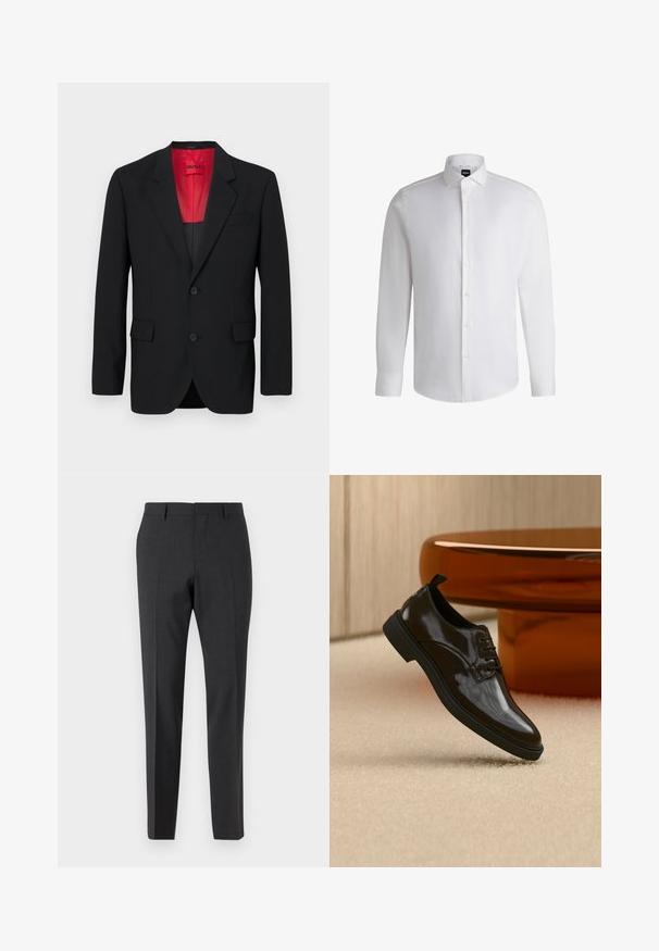 Blazer noir en tissu lisse, avec une doublure rouge, deux poches avant et deux boutons. Les revers crantés ajoutent un détail structuré.; Chemise blanche à manches longues en coton lisse, dotée d'un col classique, d'une patte de boutonnage complète et de poignets à bouton. Design minimaliste.; Pantalons tailleur gris foncé avec une texture lisse, coupe slim, devant plat et passants de ceinture, conçus pour une tenue formelle ou professionnelle.; Chaussure habillée noire brillante en cuir à lacets flottant au-dessus d'un tapis beige avec une table ronde marron brillante en arrière-plan.