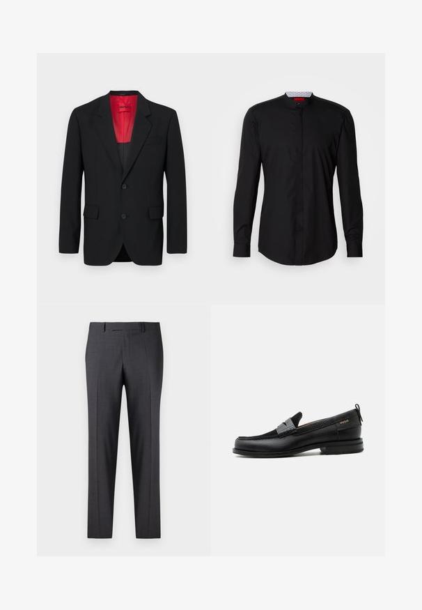 Zwarte blazer van soepel materiaal, met een rode voering, twee voorzakken en twee knopen. De gelapte revers voegen gestructureerd detail toe.; Zwart shirt met lange mouwen en een mandarijnkraag, gemaakt van een gladde stof, met een knoopsluiting aan de voorkant en subtiele designdetails.; Op maat gemaakte donkergrijze broeken van een soepel, gestructureerd weefsel; heeft een vlakke voorkant en rechte pijpen; minimalistisch ontwerp zonder zichtbare accenten.; Zwarte leren loafer met grijs riemdetailelement, lage hak en gestructureerde zool, aan de zijkant gebrandmerkt met "HUGO" in goud.