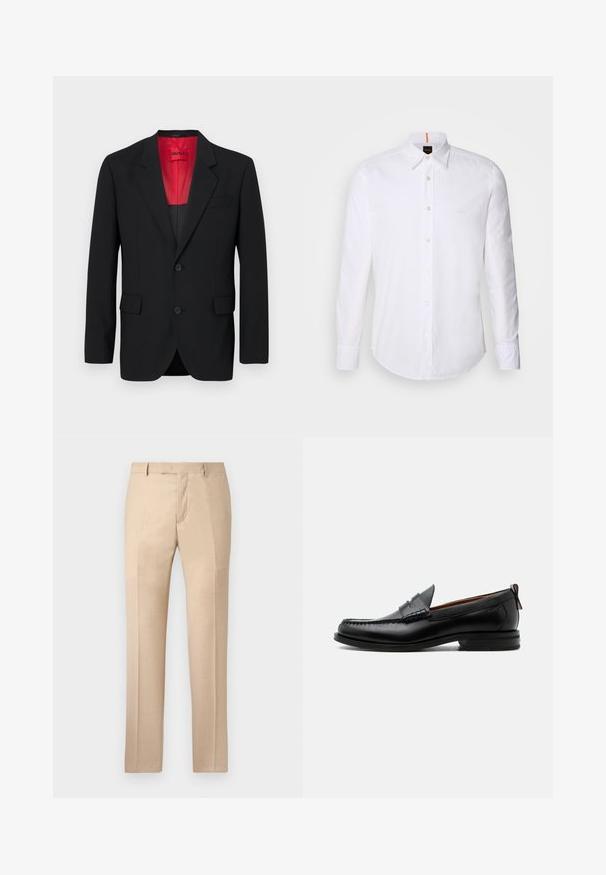 Mustast blazers, mis on valmistatud siledast kangast, punase voodriga, kahe esitasku ja kahe nööbiga. Nurgelised kraed annavad struktureeritud detaili.; Valge pikakä sleeve'iga nööbitav särk, valmistatud puuvillast, klassikalise kraega, kerge logoga rinna lähedal ja valged nööbid.; Beez värvi kohandatud püksid siledast materjalist, lapiku esiosaga ja sirgete jalgadega. Omavad püksivöölukke ja peidetud lingitaset.; Mustast nahast meeste mokasiin, millel on moc varbaõmblus, penny rihm, tekstuuriga krae ja madal virnastatud konts valgel taustal.