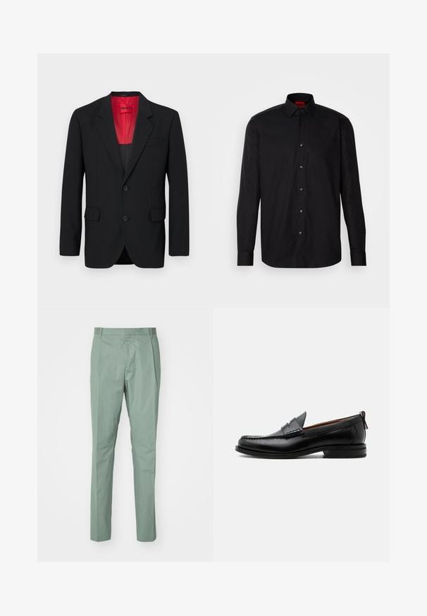 Blazer noir en tissu lisse, avec une doublure rouge, deux poches avant et deux boutons. Les revers crantés ajoutent un détail structuré.; Chemise noire à manches longues en tissu lisse, avec un col classique, un fermeture à boutons à l'avant et une coupe ajustée.; Pantalons vert clair à coupe droite, avec une taille plate, deux poches latérales et une texture de tissu lisse. Pas de motifs ni de matériel visible.; Mocassin homme en cuir noir avec couture moc toe, bride penny, col texturé et petit talon empilé sur fond blanc.