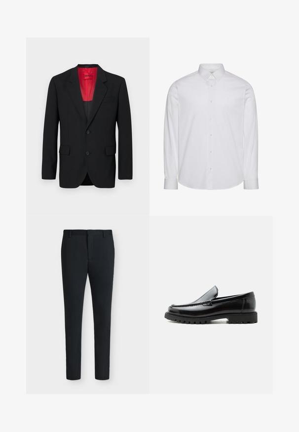 Blazer noir en tissu lisse, avec une doublure rouge, deux poches avant et deux boutons. Les revers crantés ajoutent un détail structuré.; Chemise blanche à manches longues en coton. Comprend un col classique, une patte de boutonnage à l'avant avec boutons, et un ourlet arrondi. Logo discret de la marque.; Pantalon de costume noir coupe slim avec passants pour ceinture, fermeture éclair à l’avant et sans poches visibles, présenté sur un fond blanc uni.; Mocassin en cuir noir avec semelle en caoutchouc épaisse, dessus cousu et nom de marque embossé sur le talon, présenté de profil sur fond blanc.