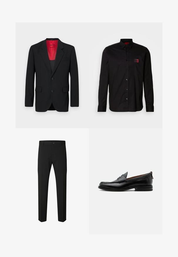 Čierny blazer vyrobený z hladkej tkaniny, s červenou podšívkou, dvoma prednými vreckami a dvoma gombíkmi. Klopové reverzy pridávajú štruktúrovaný detail.; Čierna košeľa s dlhým rukávom z hladkej látky, so zapínaním na gombíky, klasickým golierom a malou červenou značkovou nášivkou na hrudi.; Čierne slim-fit nohavice so zapínaním na gombík a zips, pútka na opasok a rovné nohavice na bielom pozadí.; Čierny kožený pánsky mokasín s prešitím moc toe, penny remienkom, textúrovaným golierom a nízkym vrstveným podpätkom na bielom pozadí.